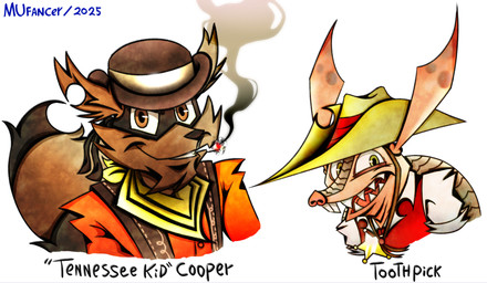anthro black_body black_fur brown_body brown_eyes brown_fur buckteeth cigarette clothing cowboy cowboy_hat duo fangs fluffy fluffy_tail front_view fur grin gun hat headgear headwear kerchief larger_male long_ears looking_at_viewer male markings mask open_mouth ranged_weapon scales sharp_teeth sheriff sheriff_badge shirt simple_background size_difference smaller_male smile smoking smoking_cigarette striped_body striped_fur striped_markings striped_tail stripes tail tail_markings tan_body tan_scales teeth text topwear vest weapon western white_background mufancer sly_cooper_(series) sony_corporation sony_interactive_entertainment sucker_punch_productions tennessee_kid_cooper toothpick_(sly_cooper) armadillo mammal procyonid raccoon xenarthran 2025 headshot_portrait hi_res portrait