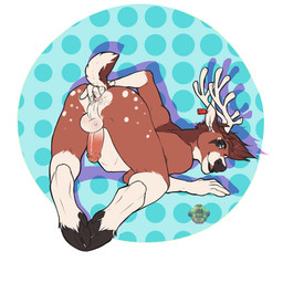 5_fingers abstract_background anal anal_fingering anal_masturbation anthro antlers anus ass_up backsack balls biped black_lips blue_eyes bodily_fluids brown_body brown_fur brown_hair brown_markings brown_nose butt butt_heart cloven_hooves countershade_tail countershading cum cum_in_ass cum_inside cum_on_balls cum_on_butt cum_on_hand dewclaw_hooves dotted_background ear_piercing ear_tag erection facial_markings feet fingering fingering_self fingers fur genital_fluids genitals glans hair head_markings hooves horn humanoid_genitalia humanoid_hands humanoid_penis lips looking_at_viewer looking_back lying male markings masturbation multicolored_body multicolored_fur multicolored_tail nude on_front pattern_background penis perineum piercing pink_anus pink_penis rear_view short_tail simple_background small_tail snout soles solo spots spotted_body spotted_fur tail two_tone_tail unguligrade white_balls white_body white_fur white_horn white_perineum white_spots bambii_dog kal_(alexdestruction43) deer mammal 1:1 2016 digital_media_(artwork) watermark