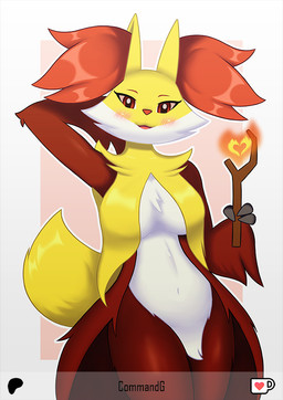 anthro anthrofied blush blush_lines breast_curtains breasts female female_anthro feral fur genitals medium_breasts multicolored_body multicolored_fur nude pokemorph simple_background solo tail commandg nintendo pokemon delphox generation_6_pokemon pokemon_(species)