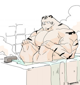 anthro bath biceps fur kemono male muscular muscular_anthro muscular_male nipples solo syukapong felid mammal pantherine tiger 2018 digital_media_(artwork)