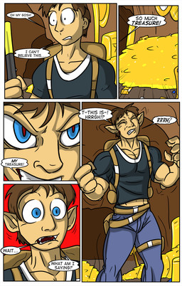 abs backpack biceps blue_eyes brown_hair cave claws clenched_teeth coin curse dialogue explorer fangs gem gold_(metal) gold_bar greed growth hair humanoid_pointy_ears male muscle_growth muscular muscular_male navel pecs pointy_ears sapphire_(gem) snout snout_growth species_transformation speech_bubble teeth text torch transformation transformation_by_stealing treasure treasure_hoard verbal_reaction_to_tf black-rat mythology hareweald dragon human humanoid mammal mythological_creature mythological_scalie scalie comic english_text hi_res