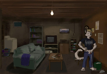 animal_genitalia anthro appliance basement bedding blanket bodily_fluids book bookshelf box cabinet chair container controller cup dartboard desk electronics flaccid furniture game_controller genital_fluids genitals inside lamp laundry_basket laundry_machine light_bulb male painting peeing penis penis_poking_out penis_through_fly picture_frame sheath sofa solo table television trash_can urine urine_stream washing_machine window wild_strokes canid canine mammal hi_res