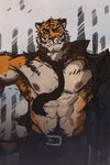 abs anthro armpit_hair belt biceps black_body black_fur black_stripes body_hair bottomwear clothing eyebrows fur happy_trail male muscular muscular_anthro muscular_male necktie nipples orange_body orange_fur pants pecs solo striped_body striped_fur stripes tail tan_body tan_fur dreff epic_games fortnite oscar_(fortnite) felid mammal pantherine tiger 2023 absurd_res digital_media_(artwork) hi_res