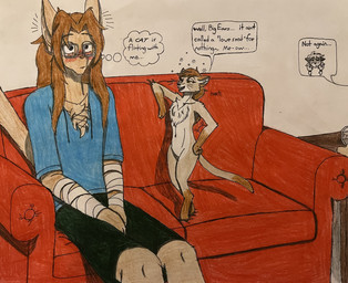 alcohol anthro aroused bandage bedroom_eyes beer_mug beverage blue_eyes blush bottomwear brown_body brown_fur bubble chest_tuft clothing collarbone dipstick_tail drawstring_topwear drunk drunk_bubble duo duo_focus ears_down ears_up eyewear female flirting fur furniture gesture glasses gloves_(marking) grey_hair group hair inner_ear_fluff inside leg_markings long_hair loveseat male male/female markings multicolored_body multicolored_fur narrowed_eyes nude on_hind_legs on_sofa pivoted_ears ponytail seductive shorts side_table sitting sitting_on_sofa socks_(marking) sofa speech_bubble spilled_drink standing substance_intoxication tail tail_boner tail_gesture tail_markings tawny_fur text thought_bubble tuft two_tone_body two_tone_fur whiskers wrappings wraps wrist_wraps yellow_eyes dylanaildon_no_2 twokinds amelia_(twokinds) basitin_eduardo eduardo_(dylanaildon_no_2) windstraw_kidwell basitin domestic_cat felid feline felis keidran mammal pantherine snow_leopard absurd_res english_text hi_res traditional_media_(artwork)