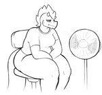 anthro bodily_fluids bottomless chair clothed clothing electric_fan female furniture grumpy on_chair shirt sitting sitting_on_chair solo sweat tail thick_thighs topwear digitalpelican mythology sasha_(digitalpelican) dragon lizard mythological_creature mythological_scalie reptile scalie 2021 monochrome