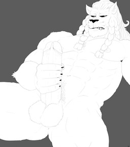 abs annoyed anthro anus balls big_balls big_penis braided_hair butt butt_from_the_front dreadlocks erection foreskin fur furry_balls genitals glans hair humanoid_genitalia humanoid_penis male masturbation muscular muscular_male nipples pecs penile penile_masturbation penis retracted_foreskin simple_background solo white_body white_fur negnod image_comics invincible_(image_comics) thokk_(invincible) felid lion mammal pantherine hi_res monochrome