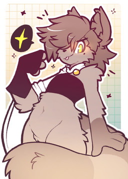 anthro bottomless bottomless_male brown_body brown_fur clothed clothing crotch_tuft fluffy fluffy_tail fur hair hair_over_eye looking_at_viewer male navel one_eye_obstructed pattern_background simple_background smile solo speech_bubble tail tuft caeleste ocelot_(caeleste) domestic_cat felid feline felis mammal hi_res trans_(lore) trans_man_(lore)