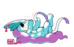 ambiguous_gender blue_body blue_fur chibi feral fur hair lying on_back playing purple_hair quadruped ribbons solo happycrumble nintendo pokemon generation_2_pokemon legendary_pokemon pokemon_(species) suicune 2017 digital_media_(artwork)