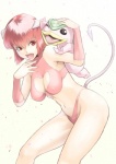 breasts duo fangs female hair horn monster_girl_(genre) one_eye_closed open_mouth pink_eyes pink_hair short_hair simple_background smile spade_tail tail teeth tkln monster_rancher tecmo demon mocchi_(monster_rancher) pixie_(monster_rancher)