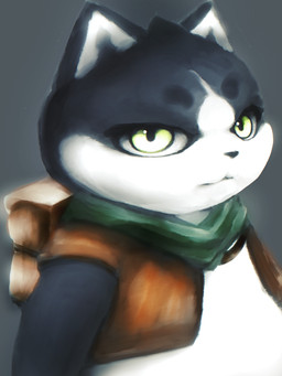 anthro backpack black_body black_fur clothing fur green_eyes grey_background looking_at_viewer male overweight overweight_anthro overweight_male scarf simple_background solo topwear vest white_body white_fur hasukii the_great_warrior_wall xiao_hei felid feline mammal 3:4 hi_res