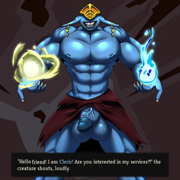 abs anthro balls biceps big_balls big_penis blue_balls blue_body blue_glans blue_nipples blue_penis cleric ear_piercing ear_ring genitals glans greeting magic male muscular muscular_male nipples pecs penis piercing ring_piercing solo text heikidraws slay_the_spire 1:1 absurd_res english_text hi_res