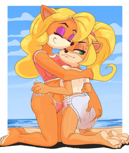 anthro barefoot beach bikini bikini_bottom blonde_hair clothing diaper embarrassed exposed_diaper eyeshadow feet female fur green_eyes hair hug kneeling makeup orange_body orange_fur outside pink_outfit sand smile soiled_diaper swimwear two-piece_swimsuit unclean_diaper used_diaper white_outfit paddedulf activision crash_bandicoot_(series) coco_bandicoot tawna_bandicoot bandicoot mammal marsupial absurd_res hi_res
