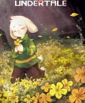 anthro barefoot biped clothed clothing detailed_background eyes_closed feet flower fully_clothed kneeling plant solo text young young_anthro totatetta undertale undertale_(series) asriel_dreemurr boss_monster_(undertale) bovid caprine mammal english_text hi_res