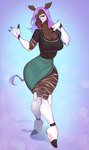 anthro breasts cleavage clothed clothing dress female footwear hair high_heels lips machine purple_hair shoes solo stripes synthetic thick_lips landysh ayame_(character) giraffid mammal okapi robot