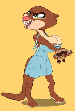 4_fingers 4_toes angry anthro areola areola_slip big_breasts blue_clothing blue_dress breasts brown_body brown_fur brown_pawpads claws clothed clothing dress eyebrows eyelashes feet female finger_claws fingers frustrated fur gesture glistening glistening_eyes green_eyes hand_gesture hindpaw humanoid_feet multicolored_body multicolored_fur narrowed_eyes open_mouth pawpads paws pink_nose plantigrade pose simple_background snarling solo standing tail tan_body tan_fur tan_soles teeth teeth_showing toe_claws toes whiskers yellow_background auga disney zootopia mrs._otterton lontra mammal mustelid north_american_river_otter otter river_otter portrait