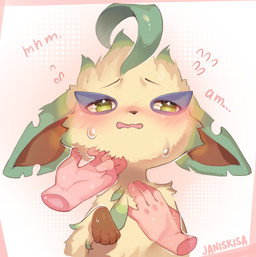 blush blush_lines disembodied_hand feral fur ghost_hand green_eyes leaf male open_mouth scratches scratching simple_background solo text yellow_body yellow_fur janiskisa nintendo pokemon fan_character lugia_(lu91a) eeveelution generation_4_pokemon leafeon pokemon_(species) digital_media_(artwork) english_text hi_res