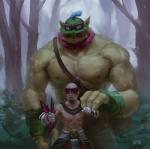 abs ambiguous_gender anthro beard blindfold bodily_fluids bottomwear clothing eyewear facial_hair forest goggles group hat headgear headwear male muscular muscular_male pants plant shoulder_grab size_difference smile surprise sweat tree hozure league_of_legends riot_games tencent lee_sin_(lol) pix_(lol) teemo_(lol) fairy human mammal yordle 2017 hi_res