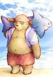 anthro beach belly bottomwear brown_body brown_fur clothing fur male overweight overweight_anthro overweight_male seaside shorts solo water funo848nofu sdorica dagger_(sdorica_sunset) bear mammal 2018