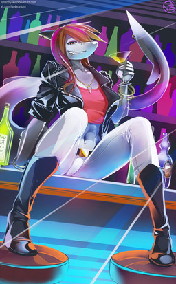 abs alcohol anthro bar belt beverage biker_jacket boots champagne clothing container cup drinking_glass ear_piercing female footwear furgonomic_piercing furgonomics glass glass_container glass_cup hair jewelry looking_at_viewer necklace piercing red_clothing red_hair shoes sitting solo tail tail_piercing text krokobyaka juicy_(sweet_temptation_club) aquatic fish shark artist_name hi_res signature