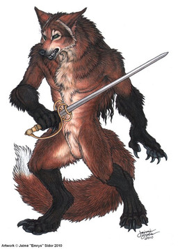 animal_genitalia anthro balls claws fully_sheathed fur genitals male nude sheath simple_background solo weapon jaime_sidor canid canine canis mammal wolf 2010 source_request