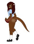 anthro bottomwear butt clothed clothing female hair looking_at_viewer mammal mustelid nivarra no_underwear otter simple_background skirt smile solo