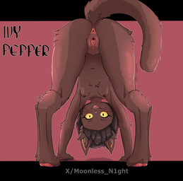 anthro anus areola bent_over black_border black_eyes bob_cut border breasts brown_areola brown_hair brown_nipples digitigrade erect_nipples eyelashes female genitals hair happy inner_ear_fluff looking_at_viewer looking_back looking_back_at_viewer looking_through looking_through_legs looking_through_legs_at_viewer navel nipples nude open_mouth open_smile pawpads pink_anus pink_background playful rear_view short_hair simple_background small_breasts smile solo text thick_thighs tuft vulva whiskers wide_hips yellow_sclera katze_claws lackadaisy ivy_pepper domestic_cat felid feline felis mammal absurd_res hi_res