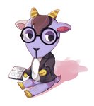 anthro book bottomless brown_hair chibi clothed clothing eyewear fur glasses hair hooves horn looking_at_viewer male purple_body purple_fur sitting solo yodzuna animal_crossing nintendo kidd_(animal_crossing) bovid caprine goat mammal hi_res