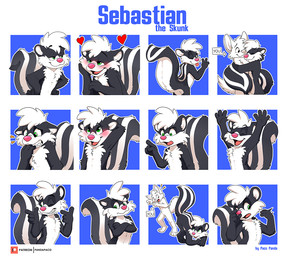 anthro black_body black_fur black_tail blep blue_background blush cheering closed_smile crossed_arms front_view fur glistening glistening_eyes green_eyes grumpy happy hug male markings mouth_closed narrowed_eyes one_eye_closed open_mouth open_smile rear_view shocked simple_background smile smug_face solo striped_markings striped_tail stripes tail tail_markings tongue tongue_out white_body white_fur white_tail wink worried young young_anthro young_male pandapaco mammal mephitid skunk multiple_images