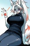 anthro big_breasts black_clothing black_nose black_sweater black_topwear bottomwear bracelet breasts cheek_tuft claws clothed clothing denim denim_bottomwear denim_clothing facial_tuft fangs female female_anthro fingers fur gesture grey_body grey_fur hair jeans jewelry kemono long_hair looking_at_viewer open_mouth pants pawpads ponytail shirt simple_background sitting smile solo sweater tail teeth topwear tuft waving waving_at_viewer white_body white_fur white_hair ookamiwaho okami_bark canid canine canis mammal wolf 2:3 digital_media_(artwork) hi_res