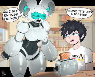 anthro appliance biped black_hair bread breasts clothed clothing dialogue duo female food glistening glistening_body grey_body hair kitchen_appliance machine male speech_bubble text toast toaster wide_hips arzy_parzy linux r-mony_(arzy_parzy) tux_(linux) human mammal mouse murid murine robot rodent english_text hi_res