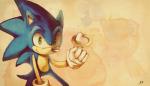 2012 abstract_background anthro biped blue_body blue_fur bluekomadori clothing eulipotyphlan fur gloves gold_(metal) green_eyes handwear hedgehog holding_object looking_at_viewer male mammal ring_(sonic) sega smile solo sonic_the_hedgehog sonic_the_hedgehog_(series) standing