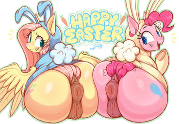 anus ass_to_ass big_butt blue_eyes butt clothed clothing duo equine_anus eyelashes fake_ears fake_rabbit_ears feathered_wings feathers female feral genitals hair holidays huge_butt looking_back pink_body pink_hair puffy_anus pupils quadruped rabbit_fursuit smile tail text vulva wings yellow_body aer0_zer0 easter friendship_is_magic hasbro my_little_pony mythology fluttershy_(mlp) pinkie_pie_(mlp) equid equine mammal mythological_creature mythological_equine pegasus 2026 absurd_res hi_res