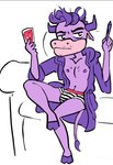 anthro bathrobe body_hair bulge chest_hair clothing exposed_chest fur hair horn male messy_hair purple_body purple_fur robe solo underwear roguefalta falta_(roguefalta) bovid bovine cattle mammal