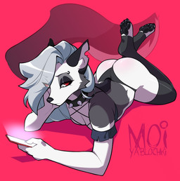 4_toes aligned_feet anthro arms_bent bent_legs black_pawpads blush body_blush breasts butt butt_blush calves_up cellphone claws clothed clothing collar crossed_ankles electronics eyebrow_piercing facial_piercing feet female footwear fur glistening glistening_clothing grey_hair hair legwear lying midriff notched_ear on_front panties pantsless pawpads paws phone piercing pupils raised_calf red_sclera simple_background slim slit_pupils smartphone socks soles solo spiked_collar spikes thigh_highs thong toe_claws toeless_footwear toeless_socks toes underwear white_body white_eyes white_fur moiyablochki hellaverse helluva_boss mythology loona_(helluva_boss) canid canid_demon canine demon hellhound mammal mythological_canine mythological_creature absurd_res hi_res signature