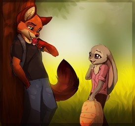 against_natural_surface against_surface against_tree anthro backpack candy clothed clothing dessert duo ears_down female food fur green_eyes grey_body grey_fur lollipop male open_mouth outside pivoted_ears plant smile standing tongue tongue_out tree magenta7 disney zootopia judy_hopps nick_wilde canid canine fox lagomorph leporid mammal rabbit red_fox true_fox digital_media_(artwork) shaded