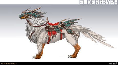 4_toes ambiguous_feral ambiguous_gender armor beak beak_closed blue_helmet claws company_name feathers feet feral gradient_background green_eyes headgear helmet horn horned_helmet light mouth_closed multicolored_body neck_tuft orange_beak quadruped reins saddle side_view simple_background solo standing tail text toe_claws toes tuft white_body white_claws white_feathers white_tail white_tail_feathers nicholas_patrick_kelana highguard_(game) avian bird eldergryph 2026 absurd_res colored concept_art digital_drawing_(artwork) digital_media_(artwork) english_description english_text hi_res lighting official_art shaded url