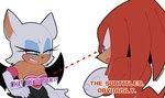 annoyed anthro armwear breasts cleavage clothed clothing duo elbow_gloves eyeshadow female fur gloves handwear lipstick makeup male narrowed_eyes open_mouth red_body simple_background tan_body tan_skin white_body white_fur wings fravoccado sega sonic_the_hedgehog_(series) knuckles_the_echidna rouge_the_bat bat echidna mammal monotreme signature