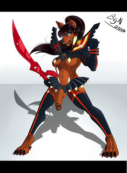 anthro balls black_bars blue_eyes bottomwear breasts circumcised claws clothed clothing cosplay ear_piercing flaccid fur genitals gynomorph hair humanoid_genitalia humanoid_penis ineffective_clothing intersex legwear long_hair melee_weapon paws penis piercing skimpy skirt solo stockings sword teeth vein weapon vicioustyrant blizzard_entertainment kill_la_kill studio_trigger warcraft luenas senketsu canid kamui_(kill_la_kill) mammal werecanid werecreature worgen 2016 digital_media_(artwork) hi_res letterbox