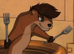 anthro cutlery feral fork kitchen_utensils male smile solo tools marsminer keith_(marsminer) mammal mustelid otter 2023 meme tagme