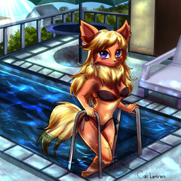anthro big_eyes bikini black_clothing black_swimwear blonde_hair blue_eyes brown_nose chair chest_tuft clothing ear_piercing ear_ring female fluffy fluffy_tail fur furniture hair light light_beam long_hair long_tail lounge_chair markings mole_(marking) navel orange_body orange_fur outside partially_submerged picnic_table piercing pokemorph poolside ring_piercing rooftop solo sun sunbeam sunlight swimming_pool swimwear table tail thong topwear tuft two-piece_swimsuit underwear wet wet_body wet_fur caliluminos nintendo pokemon koriand_wildfire eeveelution flareon generation_1_pokemon pokemon_(species) 1:1 hi_res signature