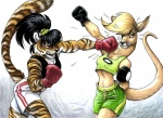 anthro black_hair blonde_hair bodily_fluids bottomwear boxing clothing counterpunch duo female hair knockout punch scrunchie shorts simple_background sport sweat tail violence white_background megan_giles felid kangaroo macropod mammal marsupial pantherine tiger