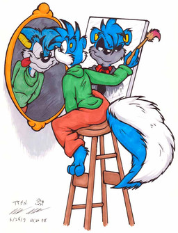 altered_reflection anthro barefoot big_tail blue_body blue_fur blue_hair brush feet fur group hair holding_brush holding_object holding_paintbrush looking_at_mirror looking_at_object male mirror mirror_reflection paintbrush painting_(action) painting_(object) portrait_(object) reflection self_portrait silly_face simple_background sitting_on_stool solo tail tongue tongue_out trio white_background david_hopkins triple_self-portrait drip_(jack) pepe the_devil demon mammal murid murine rat rodent 2009 meme portrait signature