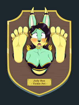 anthro bdsm big_feet black_hair blonde_hair blonde_hair_tips blush bodily_fluids bondage bound breasts cleavage clothed clothing collar eyebrows feet female fur green_body green_eyes green_fur hair humanoid_feet long_ears looking_at_viewer mounted_trophy multicolored_hair plantigrade solo tears two_tone_hair caroo jody_roo kangaroo macropod mammal marsupial hi_res
