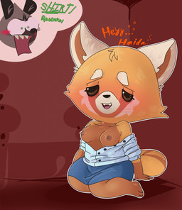 anthro bottomwear breasts clothed clothing collared_shirt disembodied_head dress_shirt drunk duo exposed_breasts female female_focus front_view half-closed_eyes kneeling male narrowed_eyes nipples open_clothing open_shirt open_topwear pencil_skirt shirt skirt solo_focus substance_intoxication topwear baebot aggretsuko sanrio haida_(aggretsuko) retsuko ailurid hyena mammal red_panda spotted_hyena 2018 digital_drawing_(artwork) digital_media_(artwork) hi_res