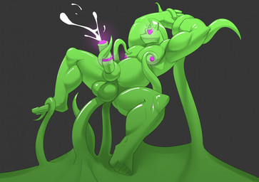 anthro balls big_balls bodily_fluids cum cumshot drone dronification ejaculation feet genital_fluids genitals green_body green_penis grey_background male nipples penis purple_nipples simple_background solo tentacles facility-r equid equine goo_creature horse mammal hi_res