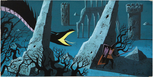 armor castle duo female feral fight hiding interspecies knight larger_feral macro male melee_weapon outside plant ruins running shield size_difference smaller_human sword tree warrior weapon eyvind_earle disney european_mythology mythology sleeping_beauty_(1959) maleficent prince_phillip_(disney) dragon human mammal mythological_creature mythological_scalie scalie western_dragon 1959 20th_century ancient_art concept_art gouache_(artwork) lineless official_art painting_(artwork) traditional_media_(artwork) traditional_painting_(artwork)