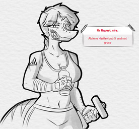 anthro athletic athletic_anthro athletic_female big_breasts bottle bra breasts clothed clothed_anthro clothed_female clothing container dumbbell exposed_teeth female fingers front_view hair half-closed_eyes holding_object humanoid_hands logo long_hair long_tail looking_at_viewer markings narrowed_eyes neutral_expression non-mammal_breasts sharp_teeth simple_background solo sports_bra standing striped_markings stripes tail teeth text underwear water_bottle weights white_background wounded jacket_ignites abilongin'_for_ya! cavemanon_studios snoot_game abilene_hartley fan_character aquatic cetacean dorudon mammal whale absurd_res artist_logo english_text greyscale half-length_portrait hi_res monochrome portrait