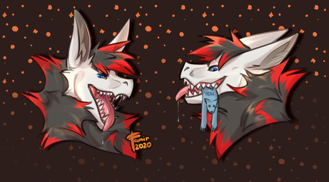 abstract_background anthro blue_body blue_eyes bodily_fluids death dripping duo fur glistening glistening_eyes glistening_tongue grey_body grey_fur grey_hair hair in_mouth male mouth_shot multicolored_body multicolored_fur narrowed_eyes open_mouth red_body red_fur red_hair saliva saliva_drip saliva_string sharp_teeth side_view solo teeth three-quarter_view tongue tongue_out white_body white_ears white_fur famir mythology ych_(character) dragon furred_dragon furred_scalie mythological_creature mythological_scalie scalie 2020 bust_portrait dated hi_res multiple_images portrait signature
