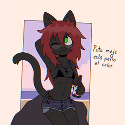 :3 alcohol_bottle anthro beach beverage_bottle bikini black_bikini black_body black_bra black_clothing black_fur black_swimwear black_underwear bottle bottomwear bra cat_smile clothing container cross cross_necklace denim denim_bottomwear denim_clothing denim_shorts dialogue female fur geometric_background green_eyes hair holding_alcohol holding_bottle holding_container holding_object jewelry long_hair monotone_body monotone_fur navel necklace nude nude_female one_eye_closed pink_nose red_hair rock shorts simple_background slim_anthro slim_female solo swimwear tail text thong_straps two-piece_swimsuit unbuttoned_shorts underwear white_background crischar_foxito roxy_(crischar_foxito) domestic_cat felid feline felis mammal 2024 absurd_res hi_res spanish_text translated