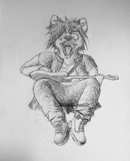 alternative_fashion anthro chin_tuft electric_guitar facial_hair facial_tuft goatee grunge_(fashion) guitar hair jumping long_hair male midair musical_instrument open_mouth playing_guitar playing_music plucked_string_instrument smile solo string_instrument tuft unknown_artist canid canine canis mammal wolf absurd_res cross-hatching graphite_(artwork) hatching_(art) hi_res monochrome shaded sketch traditional_media_(artwork)
